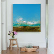 简约复古蓝色天空高山留白巨幅抽象现代手工油画装饰画边柜墙壁画