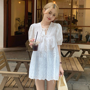 夏季女装韩版批发设计感泡泡短袖娃娃衫蕾丝镂空中长款衬衫潮