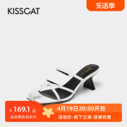 KISSCAT/接吻猫夏季时尚羊皮露趾一脚蹬高跟凉拖鞋女KA21384-10