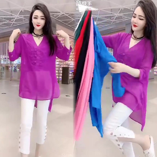 2021夏季雪纺衫女韩版显瘦短袖，v领套头中长款网红同款中国风上衣