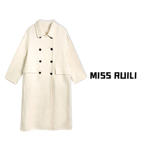 MISS RUILI定制 韩版双排扣纯色百搭长款羊毛大衣A6578