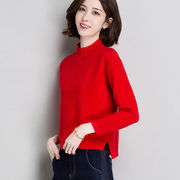 大红色半高领女士毛衣秋冬2023韩版针织宽松短款加厚时尚上衣