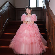 冬季 粉色儿童钢琴演出服装拖尾花童裙走秀女公主晚礼服儿童