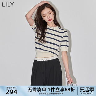 lily2024春女装，复古条纹时尚通勤气质泡泡袖，修身短款毛针织衫