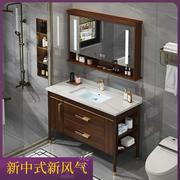 .现代新中式落地柜双槽洗脸盆，浴室柜组合橡木实木，智能洗脸洗漱台