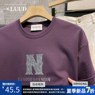 LUUD 复古腰果花纹字母N设计圆领短袖复古水洗男士休闲半袖T恤衫