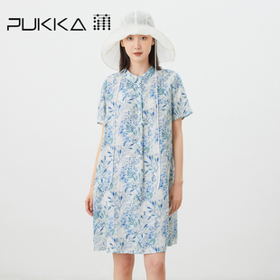 蒲PUKKA 原创设计夏季亚麻印花短袖A型小个子连衣裙