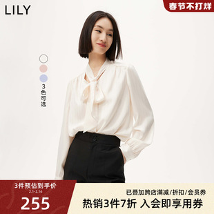 LILY2023夏女装优雅飘带温柔气质通勤款宽松垂感纯色长袖衬衫