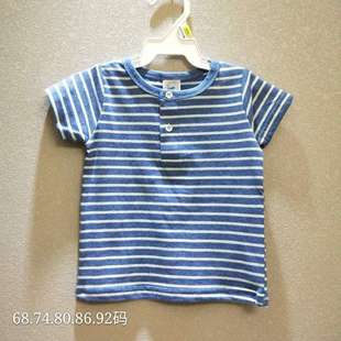 外贸出口单纯棉透气夏季男宝宝蓝色织条无袖上衣 短袖T恤