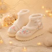 绣花鞋冬季加绒民族风女靴松糕厚底短靴，白色布靴子(布，靴子)复古靴老北京靴