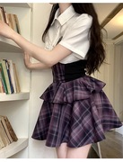 学院风jk制服减龄学生polo领衬衣紫色格子百褶蓬蓬蛋糕半身裙套装