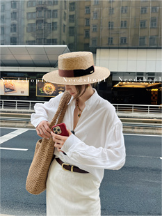 NeedShop12024夏季白色亚麻简约V领宽松气质舒适感休闲衬衫