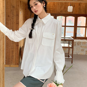 大口袋休闲白色衬衫，女小众设计春装宽松廓版中长款法式慵懒风
