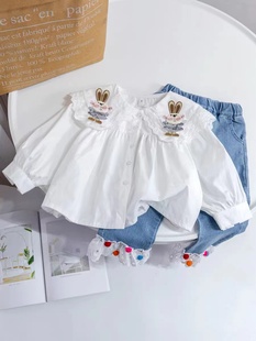 2023春童装女童小兔子衬衫儿童白色衬衣娃娃领上衣宝宝娃娃衫