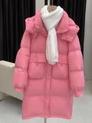 粉红色羽绒服女中长款冬季2023年小个子宽松今年流行显瘦外套