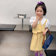 跨境女童小香风短袖套装，韩国夏季泡泡袖，上衣半身裙两件套