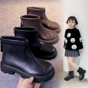女童加绒马丁靴秋冬儿童短靴，2023年中大童，英伦风皮靴男童靴子