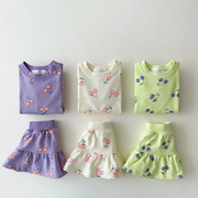 夏季女宝宝樱桃短袖t恤半身裙子两件套中小童，婴儿可爱洋气短裙潮