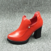 断码处理真皮女鞋秋季韩版时尚深口粗跟大红色婚鞋女单鞋