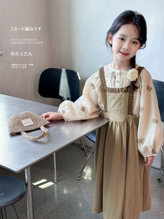 lovi韩系文艺风女童，2024春季刺绣娃娃衫，儿童背带裙套装