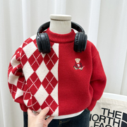 男童冬季红色毛衣2023新年喜庆过年针织衫中小童保暖毛线衣潮