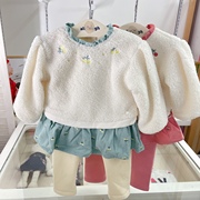 韩国专g童装21冬女童，宝宝韩版洋气，可爱羊羔绒拼接加绒套装s2