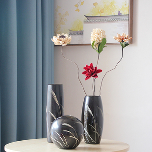 干花花瓶现代简约三件套黑色陶瓷，花瓶花插欧式摆件，装饰创意芦苇