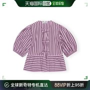 欧洲直邮ganni23女粉紫色条纹，棉质荷叶边胸口系带中衬衫