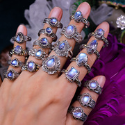 尼泊尔复古手工银饰斯里兰卡玻璃体，冰种强蓝月光石纯银戒指女