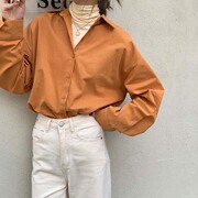 港风橘色衬衣女设计感小众休闲衬衫2024春秋，橙色polo领上衣
