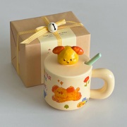 生日礼物可爱卡通小狗胖嘟嘟陶瓷，马克杯带盖大容量水杯早餐咖啡杯