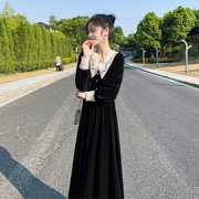 黑色金丝绒长袖连衣裙女2023秋装收腰显瘦温，柔风气质复古长裙