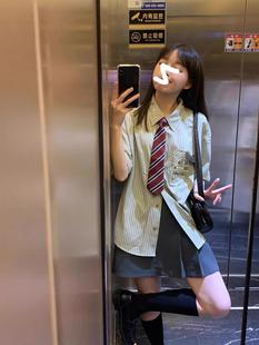 日系小个子学生领带jk条纹衬衫女短袖宽松班服小众上衣2024夏