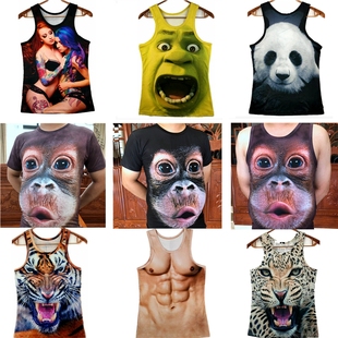 抖音猴子t恤 欧美3D黑猩猩背心男 潮流夏季修身搞笑乌猴背心马甲