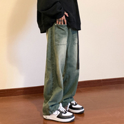 绿色牛仔裤男秋冬2022流行设计感高级裤子直筒宽松青少年美式高街