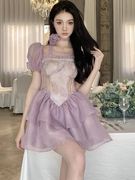 紫色泡泡袖连衣裙女春夏法式高级感气质仙女蓬蓬裙收腰小个子短裙