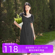 ibudu2022春季女黑白波点印花连衣裙泡泡袖中长裙优雅