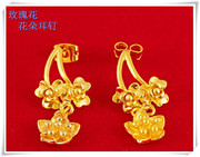 越南沙金耳钉镀24k黄金女士玫瑰花，花朵沙金耳钉仿真黄金首饰