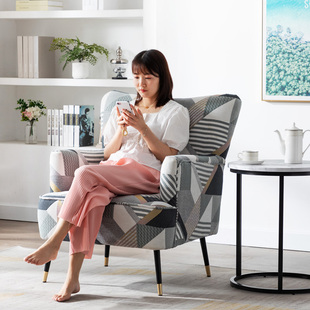 后现代创意拼色单人沙发免洗布艺，小户型客厅卧室美式轻奢沙发椅