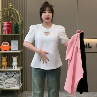 韩版时尚胖妹妹大码女装春季重工亮钻镂空泡泡袖正肩短袖T恤