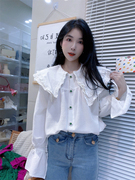 荷叶边翻领喇叭袖显瘦蕾丝衬衫2021年韩国秋季甜美雪纺娃娃衫