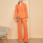 春秋橙色高端西装套装，女时尚气质，播音主持人职业轻奢阔腿裤两件套