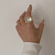 欧美s925银夸张戒指女复古时尚贝母，七彩开口指环气质食指戒潮