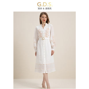 GDS澳洲品牌亚麻V领镂空绣花法式长裙白色立领长袖连衣裙2024春款