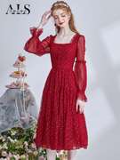艾丽丝2023春季法式新年红色连衣裙方领长袖，优雅中长款公主裙