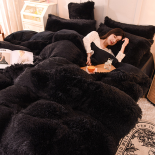 冬季黑色水貂绒四件套长毛绒被套，法兰绒床单床笠式韩式床上用品4