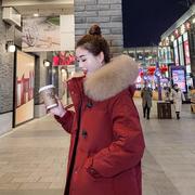 红色白鸭绒羽绒服女中长款2023时尚法式冬季加厚大毛领外套潮