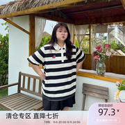 yuzi鱼子上衣polo衫短袖t恤大码女装，微胖mm显瘦遮肉200斤减龄条纹