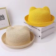 可爱卡通猫耳朵儿童草帽，韩版遮阳沙滩，太阳帽子男女防晒帽夏天透气