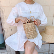 韩国chic甜美减龄圆领花边拼接设计宽松小个子灯笼袖娃娃连衣裙女